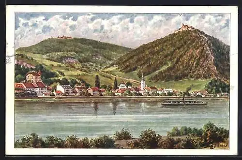 Künstler-AK Wien, Kahlenbergerdorf mit Leopoldsberg und Kahlenberg