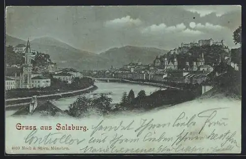 Mondschein-AK Salzburg, Teilansicht mit Kirche