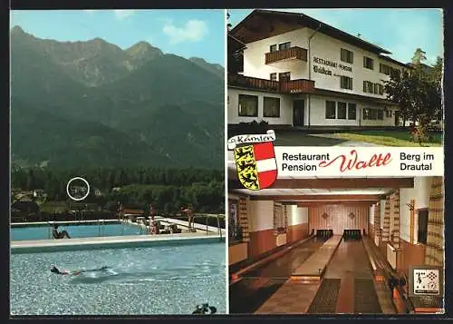 AK Berg im Drautal, Restaurant-Pension Waltl, Kegelbahn, Schwimmbad