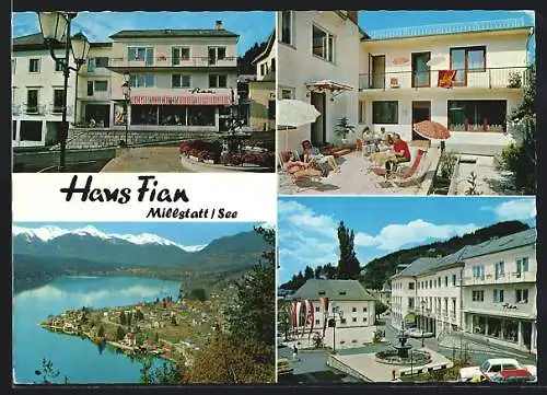 AK Millstatt /See, Hotel Haus Fian am Rathausplatz, Terrasse, Brunnen