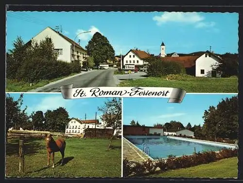 AK St. Roman im Sauwald, Strassenpartie, Pony auf der Wiese, Schwimmbecken