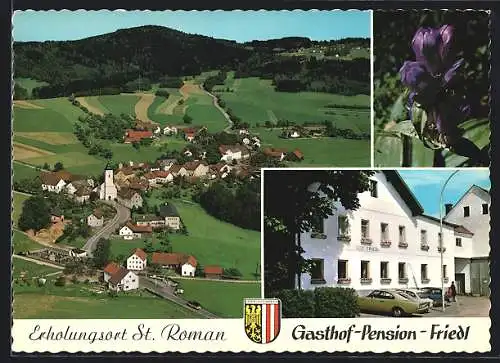 AK St. Roman, Gasthof-Pension-Friedl, Teilansicht mit Schefberg