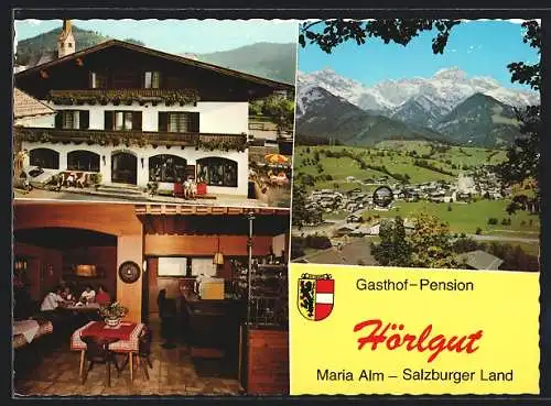 AK Maria Alm /Land Salzburg, Gasthof-Pension Hörlgut mit Innenansicht