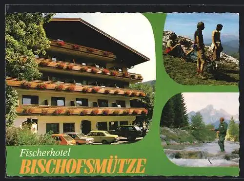 AK Filzmoos /Salzburger Land, Das Fischerhotel Bischofsmütze, Wanderer und Angler