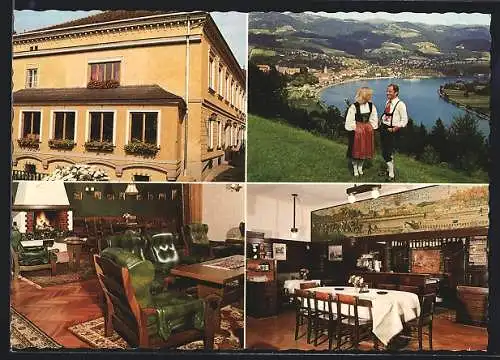 AK Grein /OÖ., Hotel-Restaurant Goldenes Kreuz der Fam. Grell mit Innenansichten