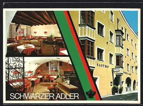 AK Hall i. T., Das Restaurant-Café Schwarzer Adler der Fam. Moser, mit Innenansichten