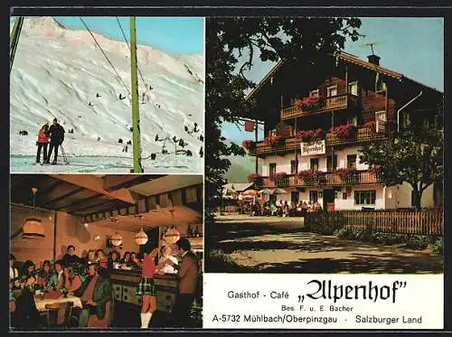 AK Mühlbach /Oberpinzgau, Der Gasthof Alpenhof, belebte Innenansicht, Skipiste