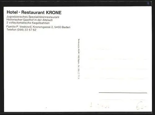 AK Baden, Hotel-Restaurant Krone der Fam. Veskovic mit Speiseräumen, Kronengasse 2