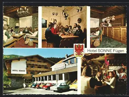 AK Fügen /Zillertal, Das Hotel Sonne der Fam. Mauracher, mit belebten Innenansichten