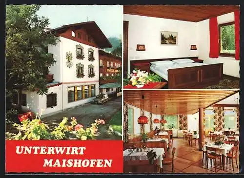 AK Maishofen bei Zell am See, Grossgasthof Unterwirt v. S. G. Hasenauer, mit Speiseraum und Schlafzimmer