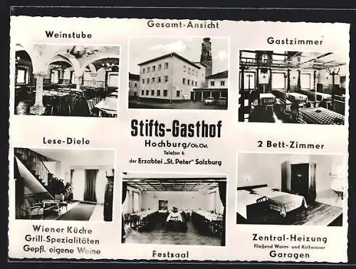 AK Hochburg /Ob.Öst., Der Stifts-Gasthof der Erzabtei St. Peter mit Weinstube, Gastzimmer, Lese-Diele, Festsaal