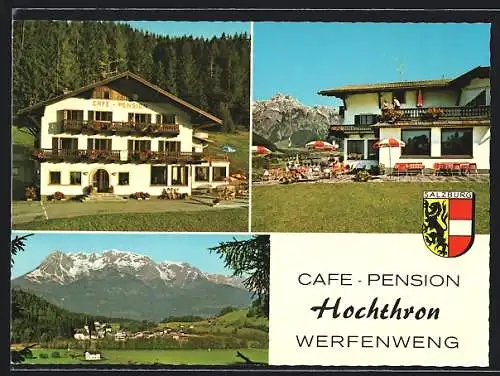 AK Werfenweng, Café-Pension Hochthron der Fam. Engljähringer, mit Terrasse, Bergpanorama