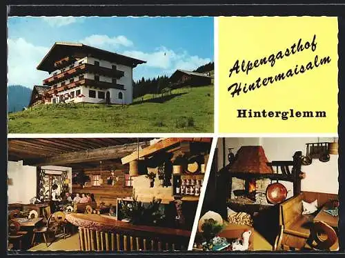 AK Hinterglemm, Alpengasthof Hintermaisalm der Fam. Gensbichler, mit Innenansichten