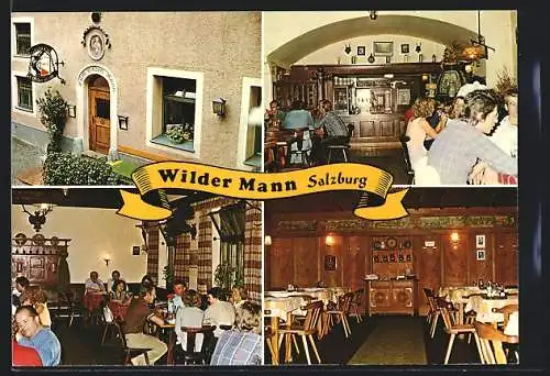 AK Salzburg, Das Gasthaus Wilder Mann v. Annemarie Schmid, mit Innenansichten