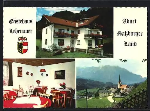 AK Adnet /Salzburger Land, Das Gasthaus Lehenauer mit Speiseraum, Ortsansicht