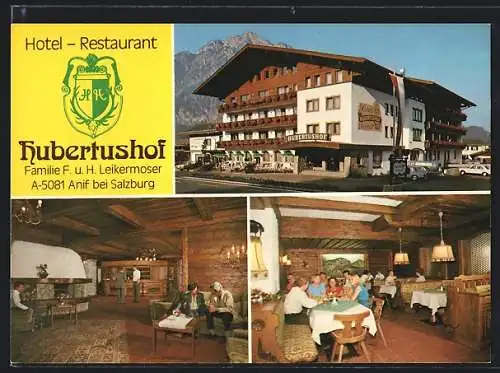 AK Anif bei Salzburg, Hotel-Restaurant Hubertushof der Fam. Leikermoser mit Innenansichten