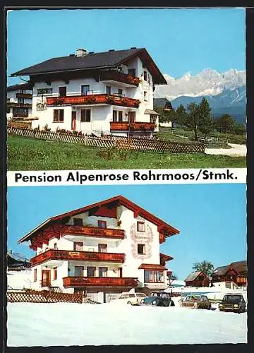 AK Schladming-Rohrmoos, Pension Alpenrose v. den Eheleuten Royer, Sommer- und Winteransicht