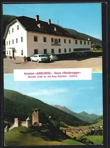 AK Sillian /Osttirol, Die Pension Adelheid, Haus Niederegger, Ortsansicht mit der Burg