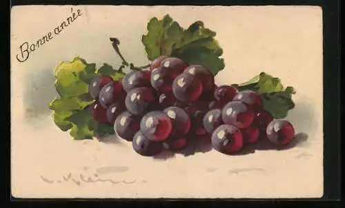 Künstler-AK Catharina Klein: Rote Weintrauben mit Laub, Bonne année-Glückwunschkartentext