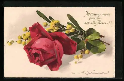 Künstler-AK Catharina Klein: Rote Rose und gelbe Blüten mit Neujahrswünschen, Januar 1941