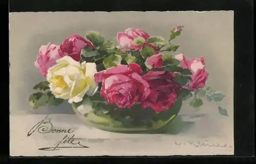 Künstler-AK Catharina Klein: Bunte Rosen in grüner Vase, Bonne Fête Grussbotschaft