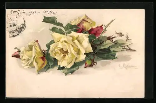 Künstler-AK Catharina Klein: Gelbe Rosenblüten mit Knospen und grünen Blättern, signiert, 1902