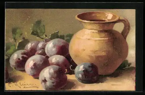 Künstler-AK Catharina Klein: Stillleben mit Pflaumen und Krug auf hellem Hintergrund