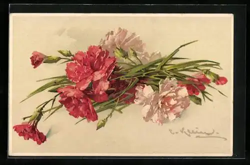 Künstler-AK Catharina Klein: Rote und weisse Nelken mit grünen Blättern auf beigem Hintergrund