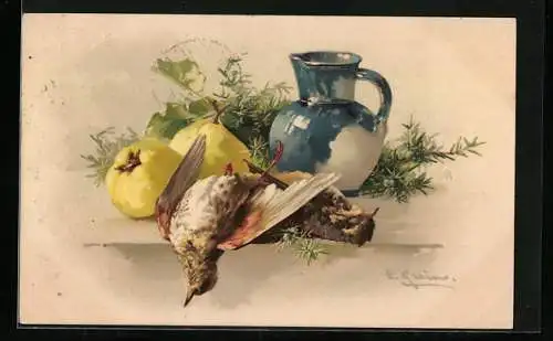 Künstler-AK Catharina Klein: Stillleben mit totem Vogel, Quitten, blau-weisser Vase und grünen Zweigen