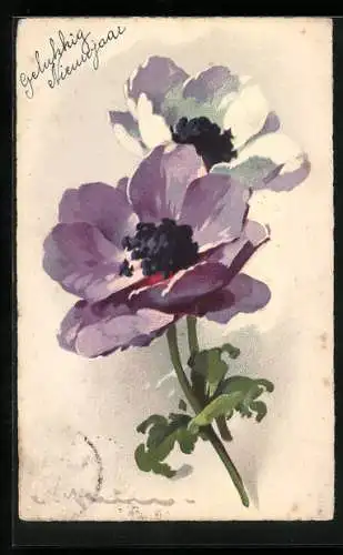 Künstler-AK Catharina Klein: Zarte lila und weisse Anemonenblüten, Glückliches Neujahr