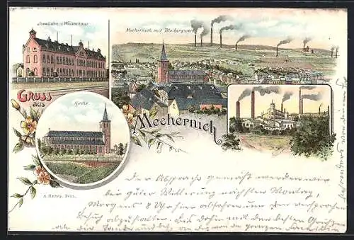 Lithographie Mechernich, Invaliden- & Waisenhaus, Kirche, Pochwerk, Ortsansicht mit Bleibergwerk