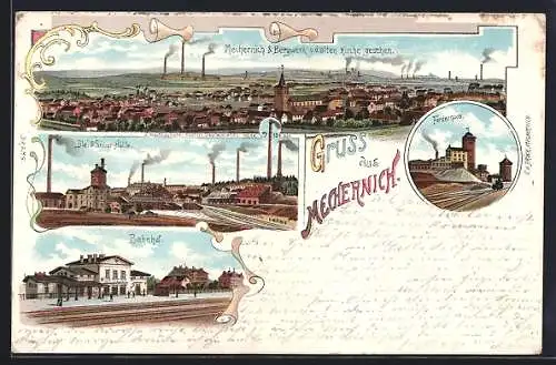 Lithographie Mechernich, Totalansicht mit Bahnhof