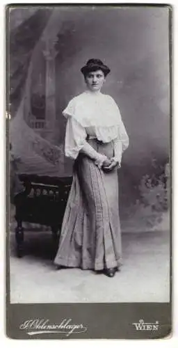 Fotografie J. Ohlenschlager, Wien, Elegante Dame in viktorianischer Kleidung