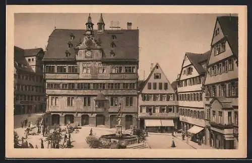 AK Tübingen a. N., Marktplatz mit Brunnen und Cafés