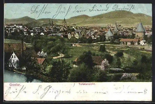 AK Goslar, Ortsansicht mit Feld- und Heckenlandschaft