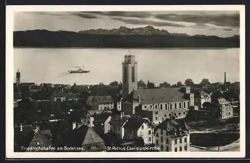 AK Friedrichshafen am Bodensee, Teilansicht mit St. Petrus Canisiuskirche, Dampfer