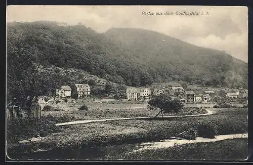 AK Goldbachtal i. T., Ortsansicht mit Bach und dem Taunus im Hintergrund