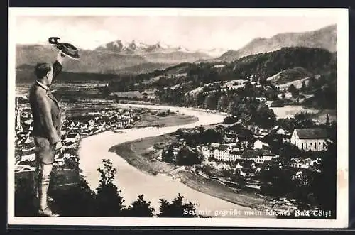 AK Bad Tölz, Ortsansicht mit Fluss und Bergen im Hintergrund