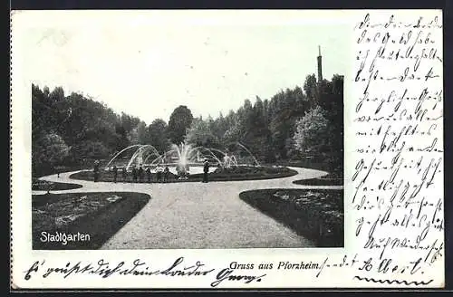 AK Pforzheim, Stadtgarten mit Springbrunnen