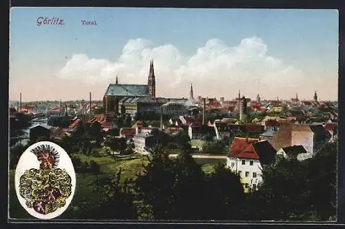 AK Görlitz, Totalansicht mit Kirche, Wappen