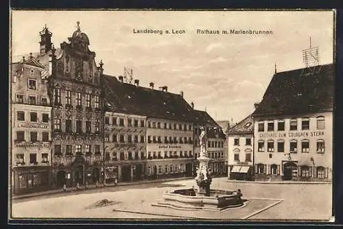 AK Landsberg / Lech, Rathaus mit Marienbrunnen und Gasthaus Zum goldenen Stern