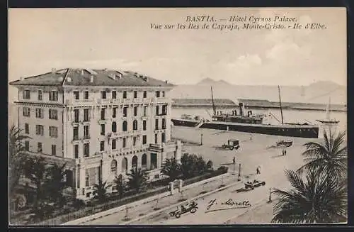 AK Bastia, l`hôtel Cyrnos Palace, vue sur les iles de Capraja, Monte-Cristo et l`île d`Elbe, un bateau à quai