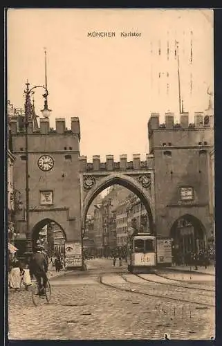AK München, Strassenbahn am Karlstor
