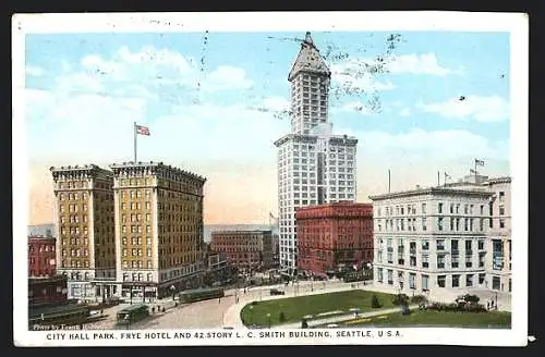 AK Seattle, WA, Tramways at City Hall Park, Frye Hotel and 42-Story L. C. Smith Building