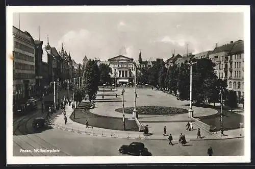 AK Posen-Poznan, Wilhelmplatz mit Strassenbahn und Kraftfahrzeugen