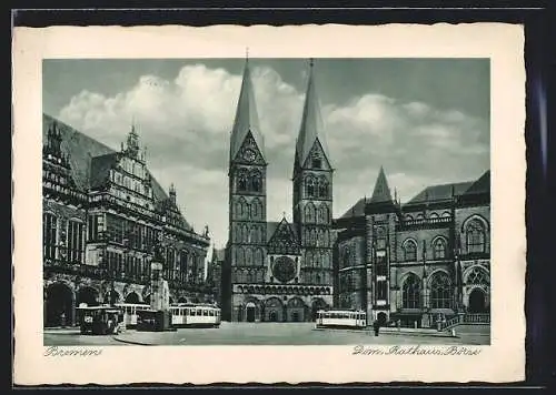 AK Bremen, Strassenbahn vor Dom, Rathaus und Börse