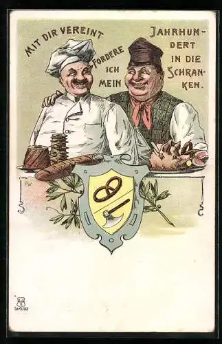 Künstler-AK Bäcker und Fleischer Arm in Arm