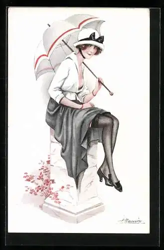 Künstler-AK Suzanne Meunier: Elegante Dame mit Regenschirm