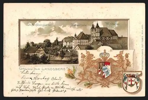 Passepartout-Lithographie Landsberg a. L., Gasthaus Schlossbergkeller und Kreisschule, Wappen