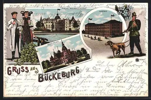 Lithographie Bückeburg, Neues Palais, Fürstl. Residenzschloss, Kaserne